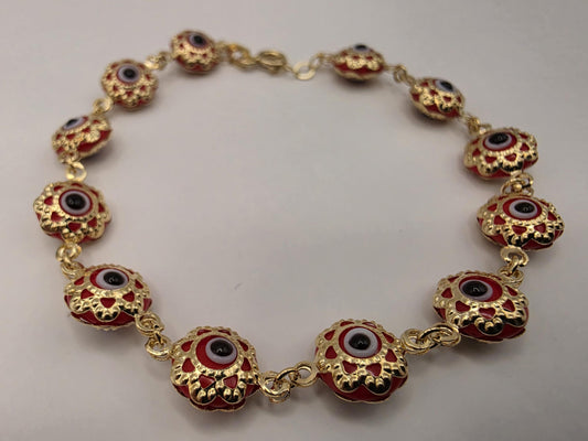 14K Yellow Gold Evil Eye Bracelet Red Flower Glass Bead Nazar Protection Good Luck Turkish Greek Amulet Fine Jewelry Gift for Her 7 Inch