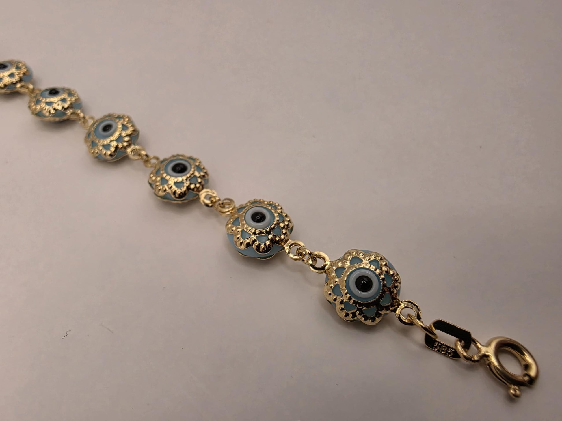 14K Yellow Gold Evil Eye Bracelet Blue Flower Glass Bead Nazar Protection Good Luck Turkish Greek Amulet Fine Jewelry Gift for Her 7 Inch