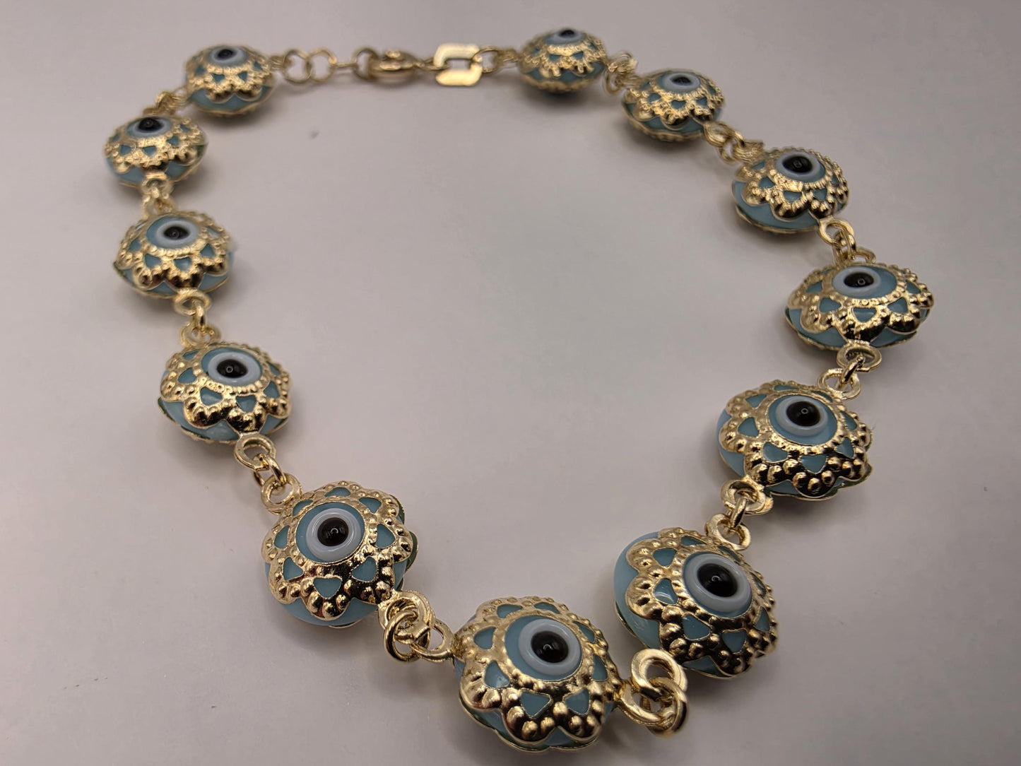 14K Yellow Gold Evil Eye Bracelet Blue Flower Glass Bead Nazar Protection Good Luck Turkish Greek Amulet Fine Jewelry Gift for Her 7 Inch