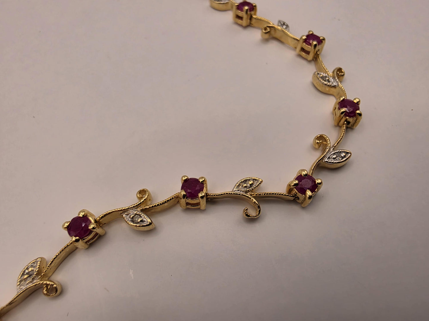 14K Yellow Gold Ruby Diamond Bracelet Floral Vine Flower Leaf Link Natural Ruby July Birthstone Fine Jewelry Gift for Her 7 Inch