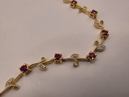 14K Yellow Gold Ruby Diamond Bracelet Floral Vine Flower Leaf Link Natural Ruby July Birthstone Fine Jewelry Gift for Her 7 Inch