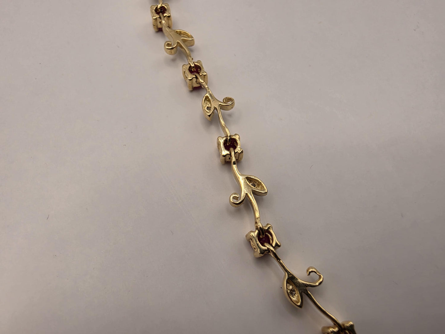14K Yellow Gold Ruby Diamond Bracelet Floral Vine Flower Leaf Link Natural Ruby July Birthstone Fine Jewelry Gift for Her 7 Inch