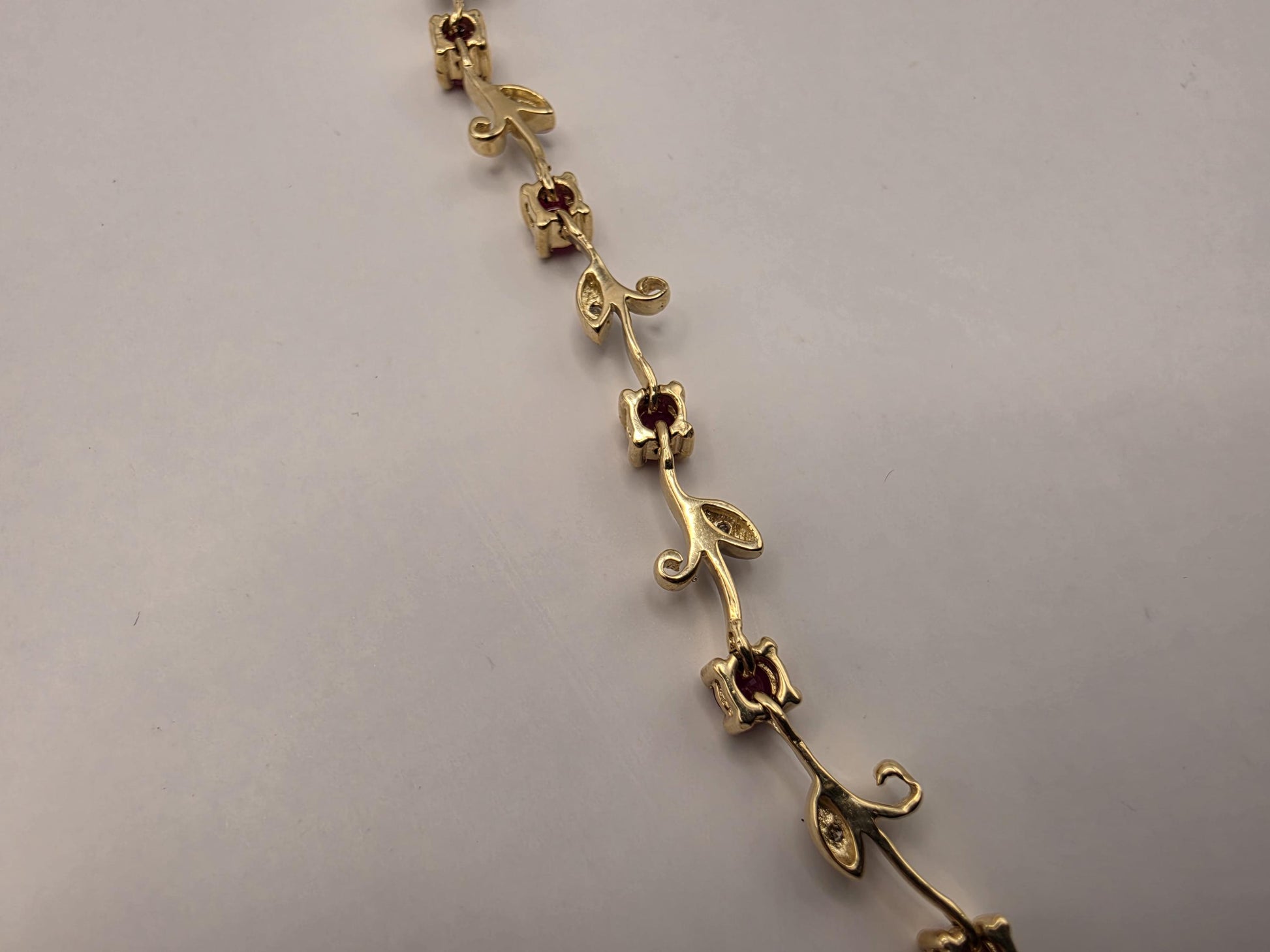 14K Yellow Gold Ruby Diamond Bracelet Floral Vine Flower Leaf Link Natural Ruby July Birthstone Fine Jewelry Gift for Her 7 Inch