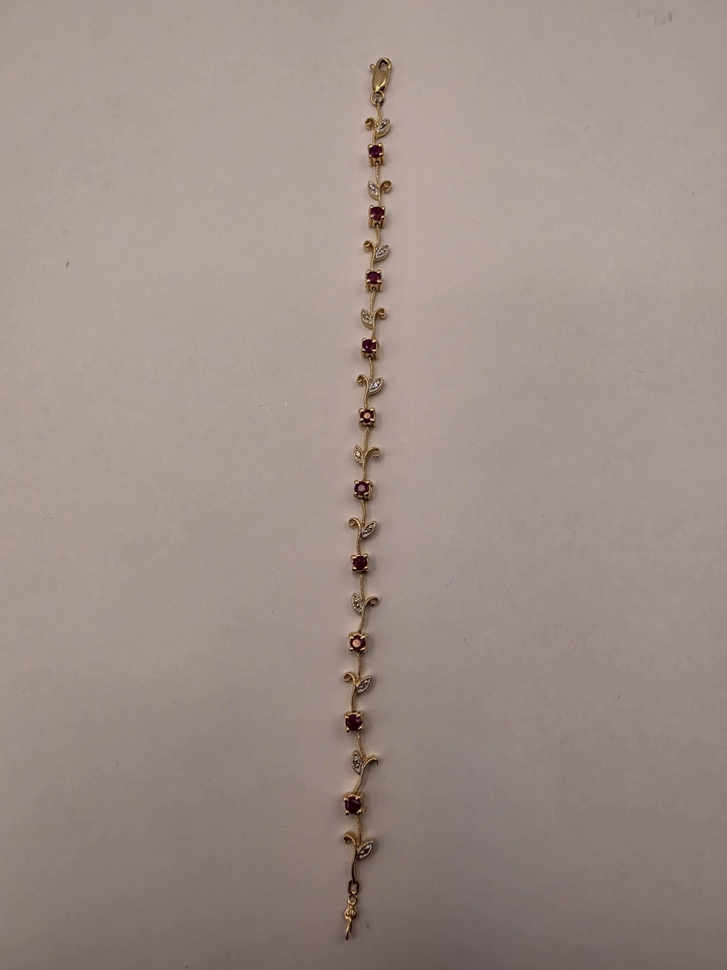 14K Yellow Gold Ruby Diamond Bracelet Floral Vine Flower Leaf Link Natural Ruby July Birthstone Fine Jewelry Gift for Her 7 Inch