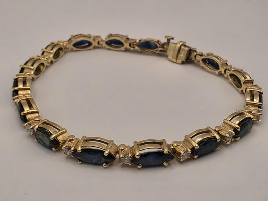14K Yellow Gold Sapphire Diamond Tennis Bracelet Marquise Blue Sapphire Natural Diamond Line September Birthstone Fine Jewelry 7 Inch