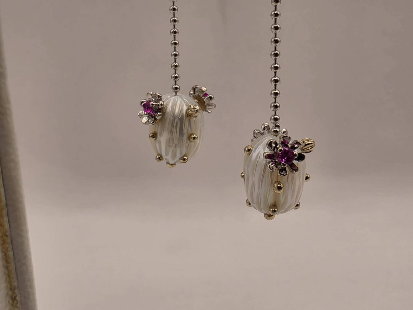 14K White Gold Ruby and Pearl Dangle Earrings Floral Ruby Freshwater Pearl Drop Ball Chain Long Earrings July Birthstone Gift for Her