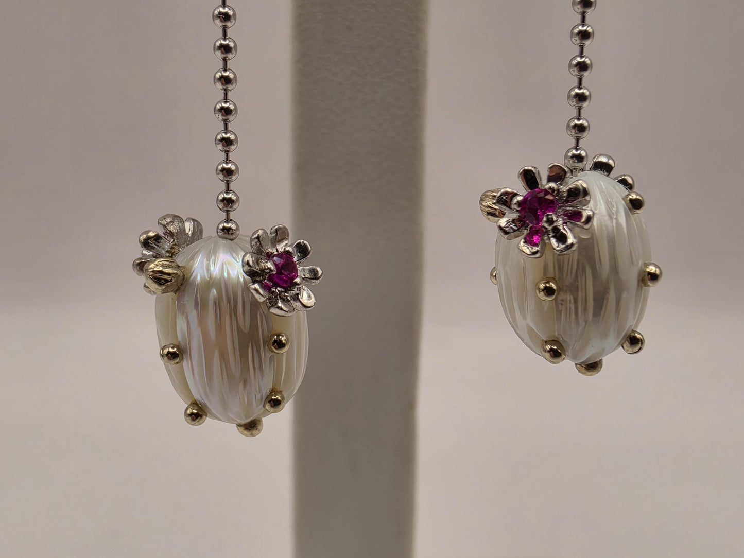 14K White Gold Ruby and Pearl Dangle Earrings Floral Ruby Freshwater Pearl Drop Ball Chain Long Earrings July Birthstone Gift for Her