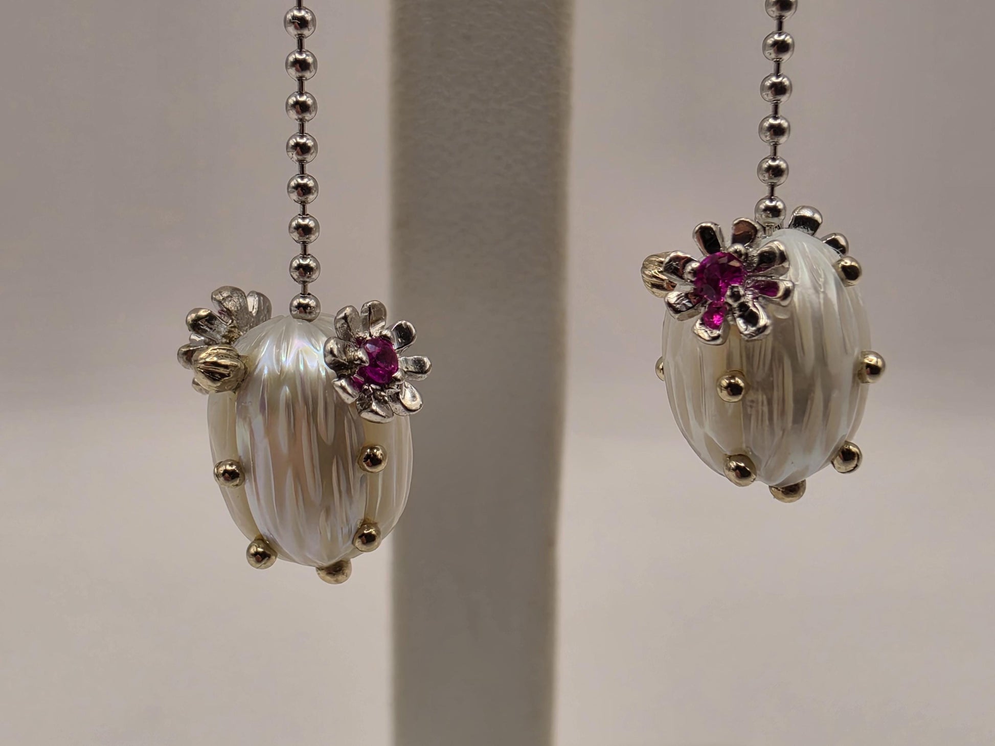 14K White Gold Ruby and Pearl Dangle Earrings Floral Ruby Freshwater Pearl Drop Ball Chain Long Earrings July Birthstone Gift for Her