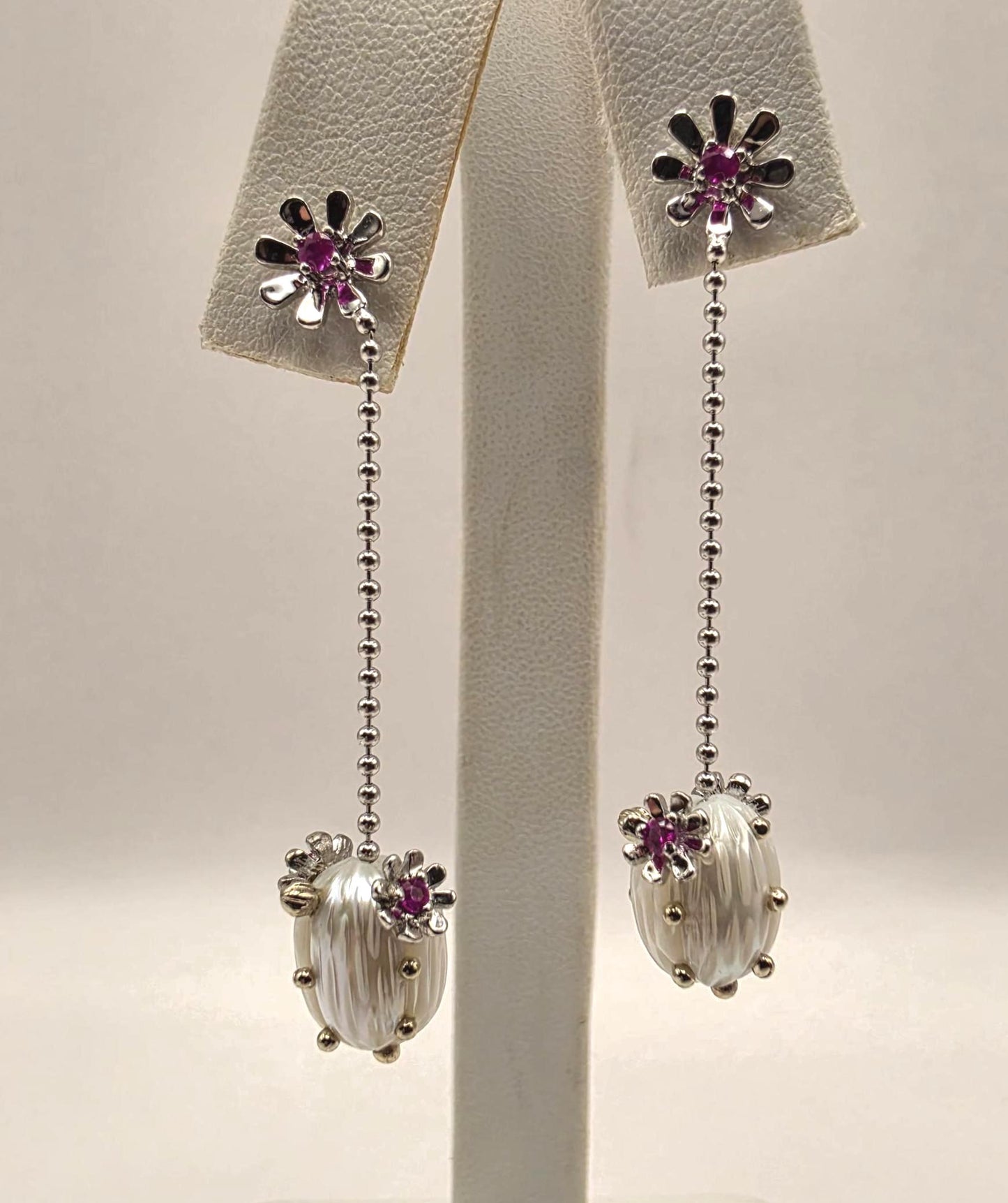 14K White Gold Ruby and Pearl Dangle Earrings Floral Ruby Freshwater Pearl Drop Ball Chain Long Earrings July Birthstone Gift for Her