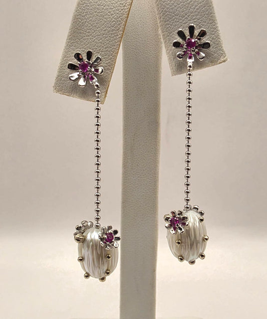 14K White Gold Ruby and Pearl Dangle Earrings Floral Ruby Freshwater Pearl Drop Ball Chain Long Earrings July Birthstone Gift for Her