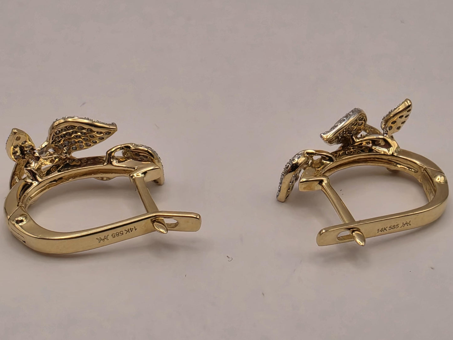 14K Two Tone Gold Diamond Leaf Earrings Pave Natural Diamond Floral Vine Huggie Lever Back Earrings Fine Jewelry Gift for Her Nature