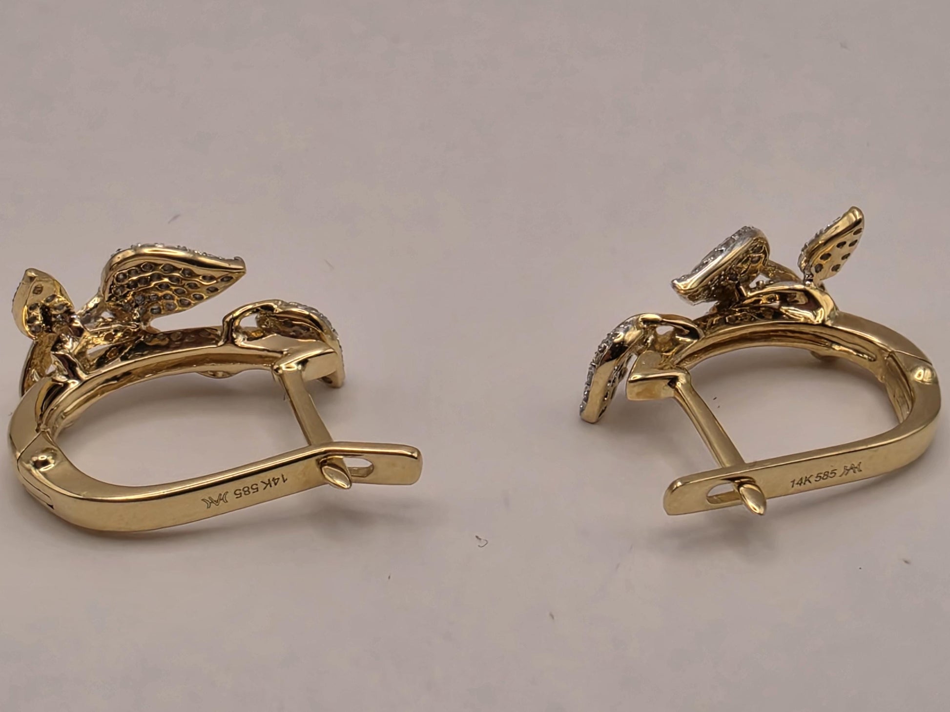 14K Two Tone Gold Diamond Leaf Earrings Pave Natural Diamond Floral Vine Huggie Lever Back Earrings Fine Jewelry Gift for Her Nature
