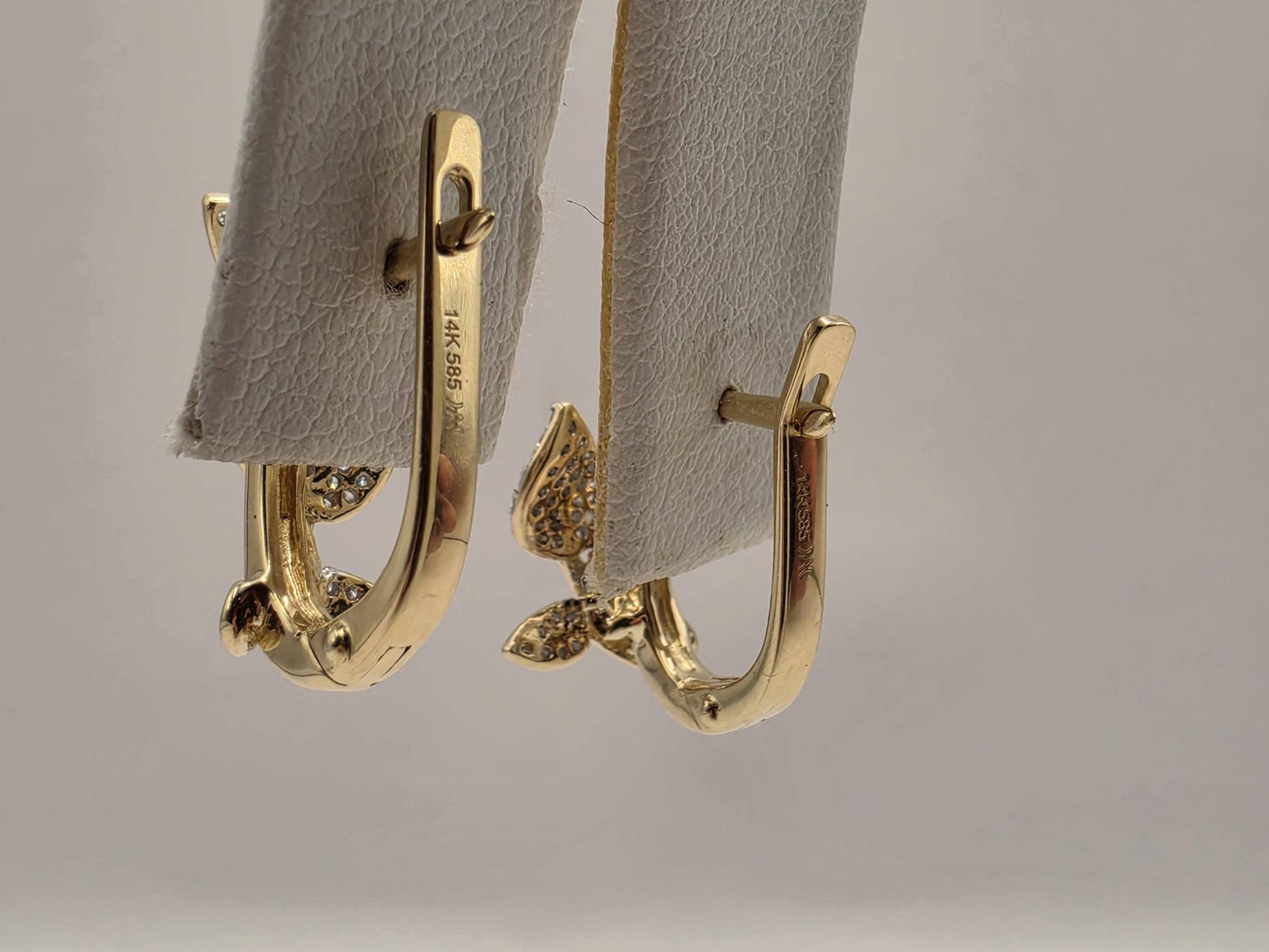 14K Two Tone Gold Diamond Leaf Earrings Pave Natural Diamond Floral Vine Huggie Lever Back Earrings Fine Jewelry Gift for Her Nature