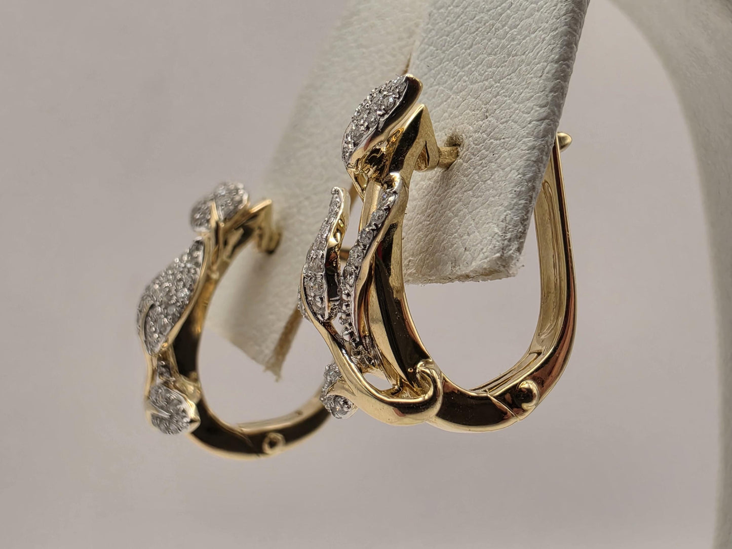 14K Two Tone Gold Diamond Leaf Earrings Pave Natural Diamond Floral Vine Huggie Lever Back Earrings Fine Jewelry Gift for Her Nature