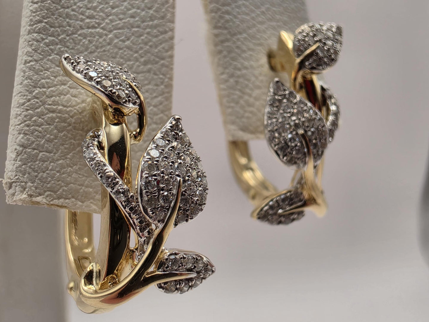 14K Two Tone Gold Diamond Leaf Earrings Pave Natural Diamond Floral Vine Huggie Lever Back Earrings Fine Jewelry Gift for Her Nature