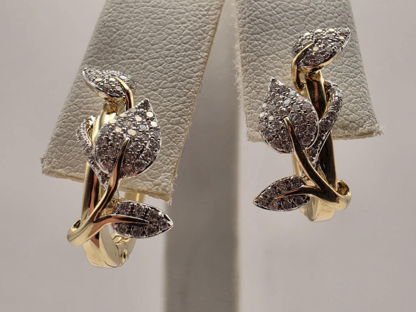 14K Two Tone Gold Diamond Leaf Earrings Pave Natural Diamond Floral Vine Huggie Lever Back Earrings Fine Jewelry Gift for Her Nature