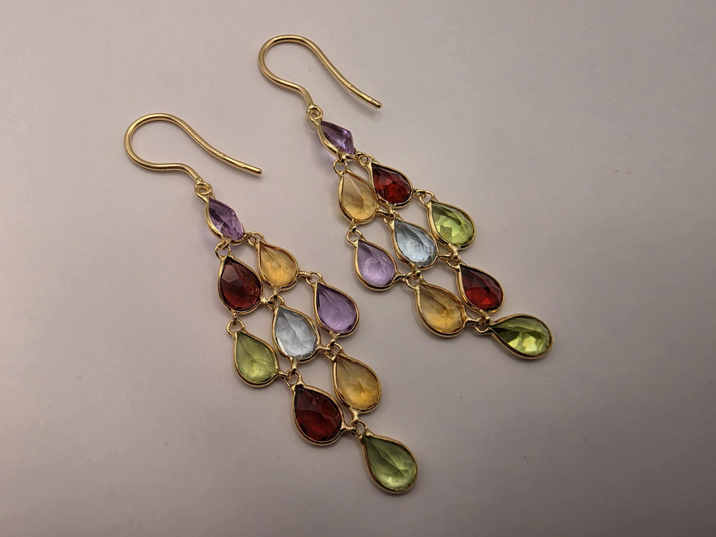 4K Yellow Gold Multi Gemstone Chandelier Earrings Amethyst Citrine Garnet Peridot Blue Topaz Rainbow Drop Dangle Earrings Gift for Her