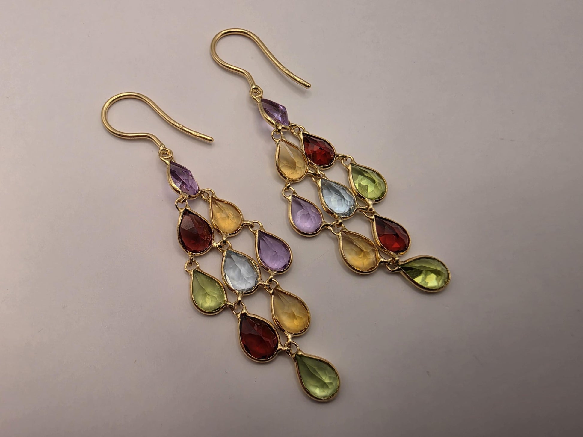 4K Yellow Gold Multi Gemstone Chandelier Earrings Amethyst Citrine Garnet Peridot Blue Topaz Rainbow Drop Dangle Earrings Gift for Her