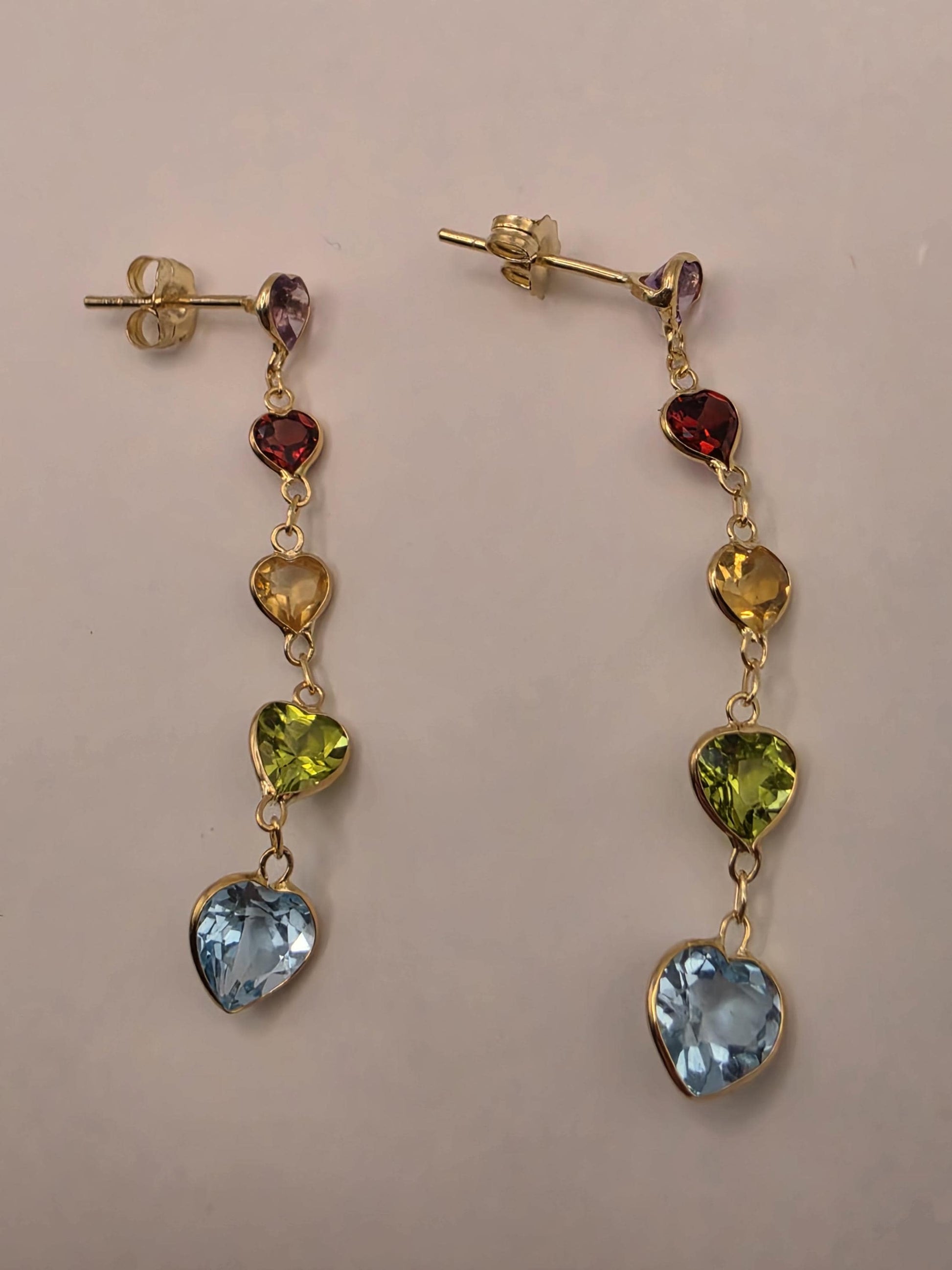 14K Yellow Gold Multi Gemstone Drop Earrings Amethyst Garnet Citrine Peridot Blue Topaz Heart Linear Dangle Earrings Gift for Her