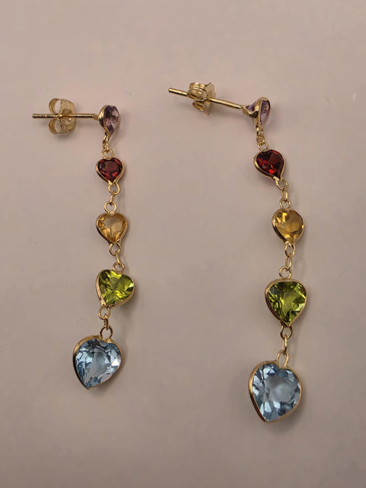 14K Yellow Gold Multi Gemstone Drop Earrings Amethyst Garnet Citrine Peridot Blue Topaz Heart Linear Dangle Earrings Gift for Her