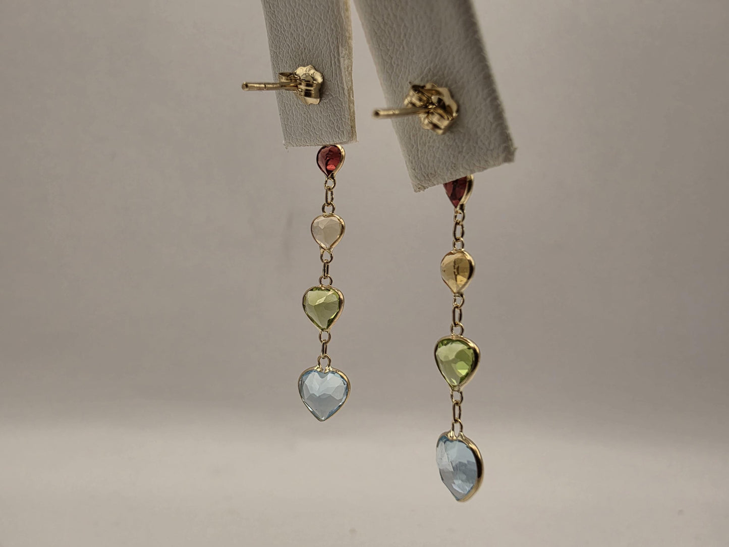14K Yellow Gold Multi Gemstone Drop Earrings Amethyst Garnet Citrine Peridot Blue Topaz Heart Linear Dangle Earrings Gift for Her