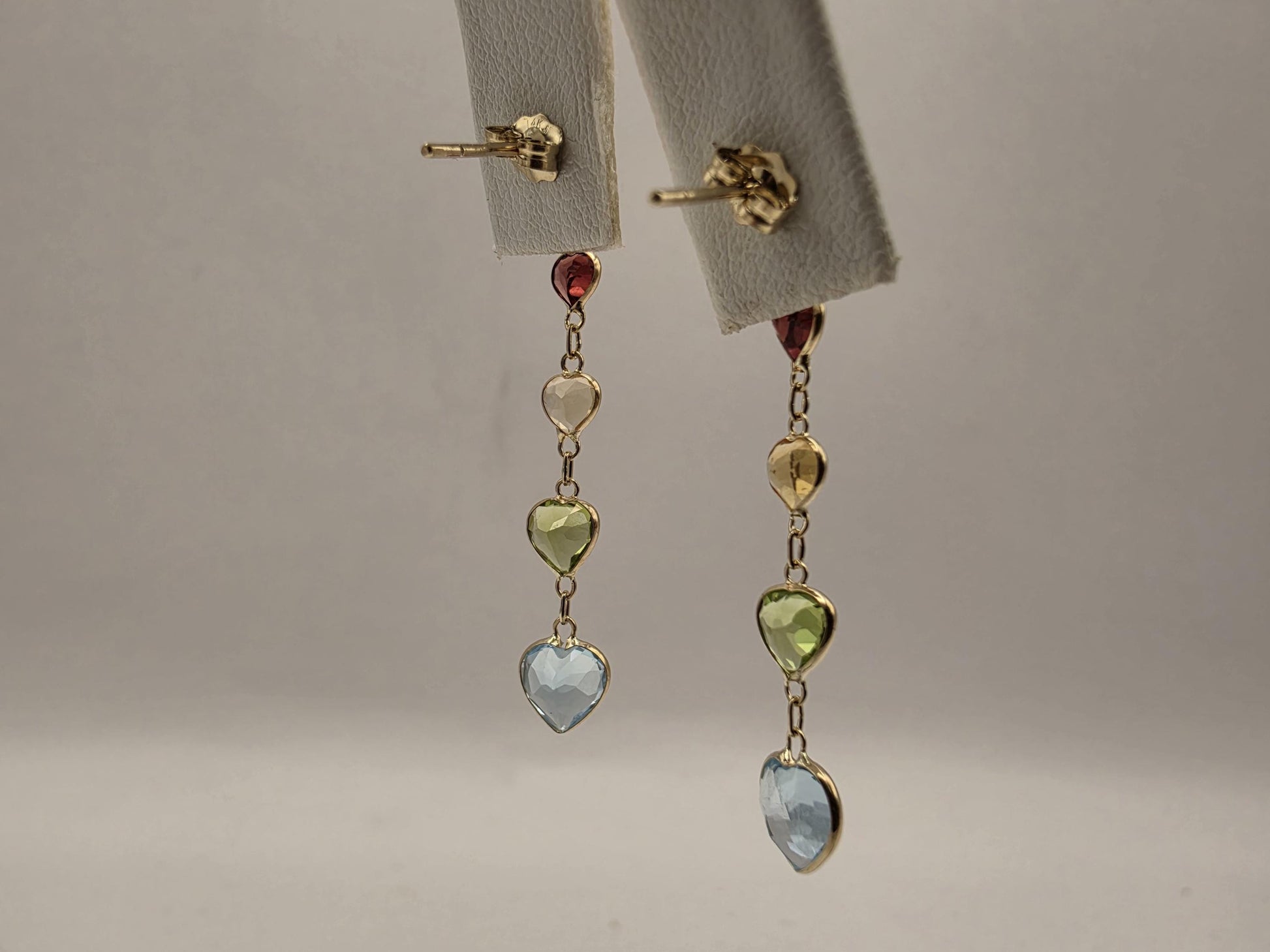 14K Yellow Gold Multi Gemstone Drop Earrings Amethyst Garnet Citrine Peridot Blue Topaz Heart Linear Dangle Earrings Gift for Her