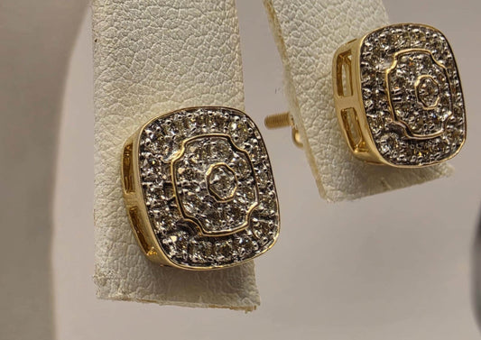 10K Yellow Gold Diamond Cluster Stud Earrings Pave Natural Diamond Square Cushion Studs Screw Back Fine Jewelry Gift for Him Her