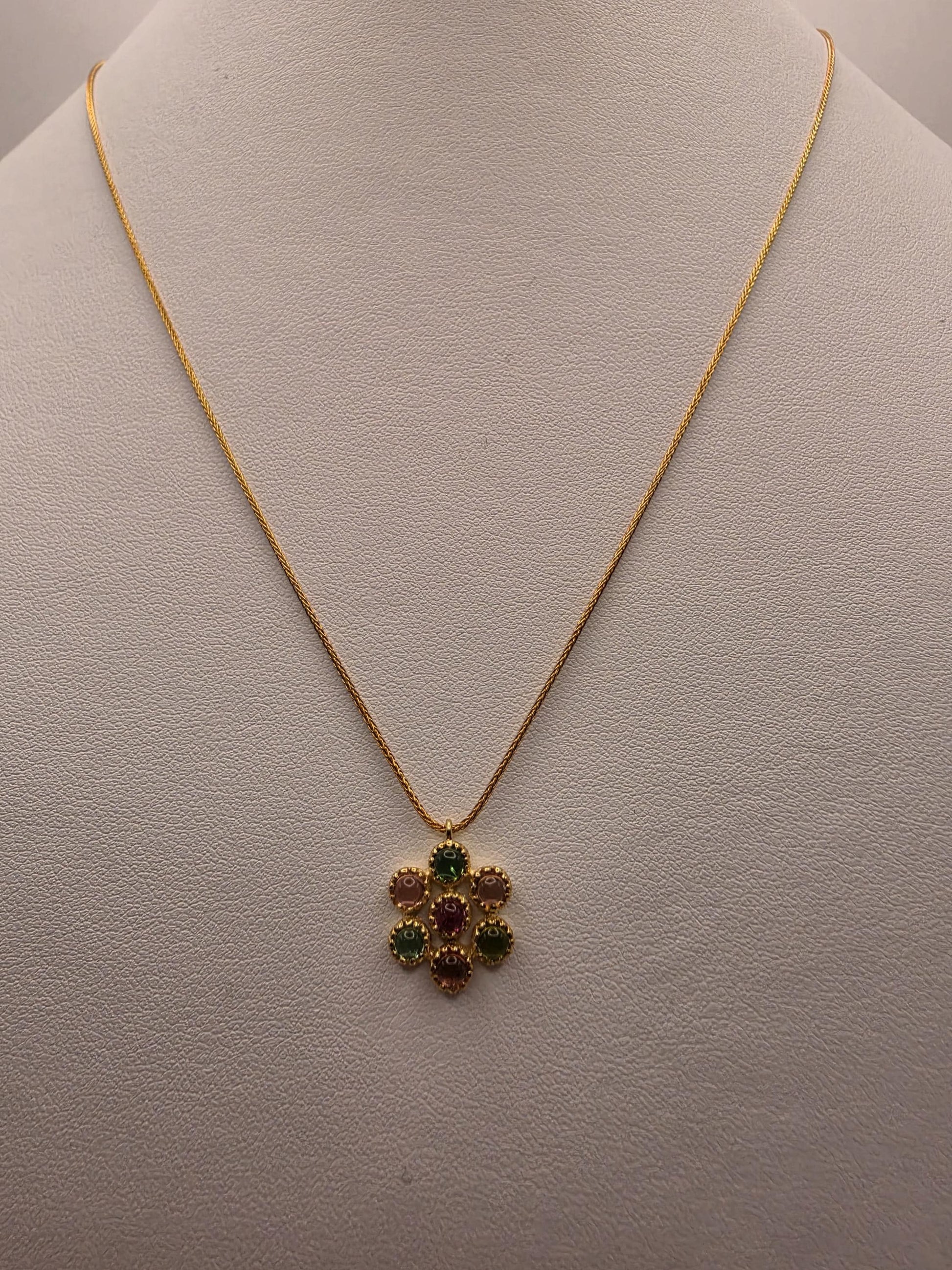 14K Yellow Gold Pink Green Tourmaline Flower Necklace Cabochon Gemstone Cluster Pendant Vintage Floral 18 Inch