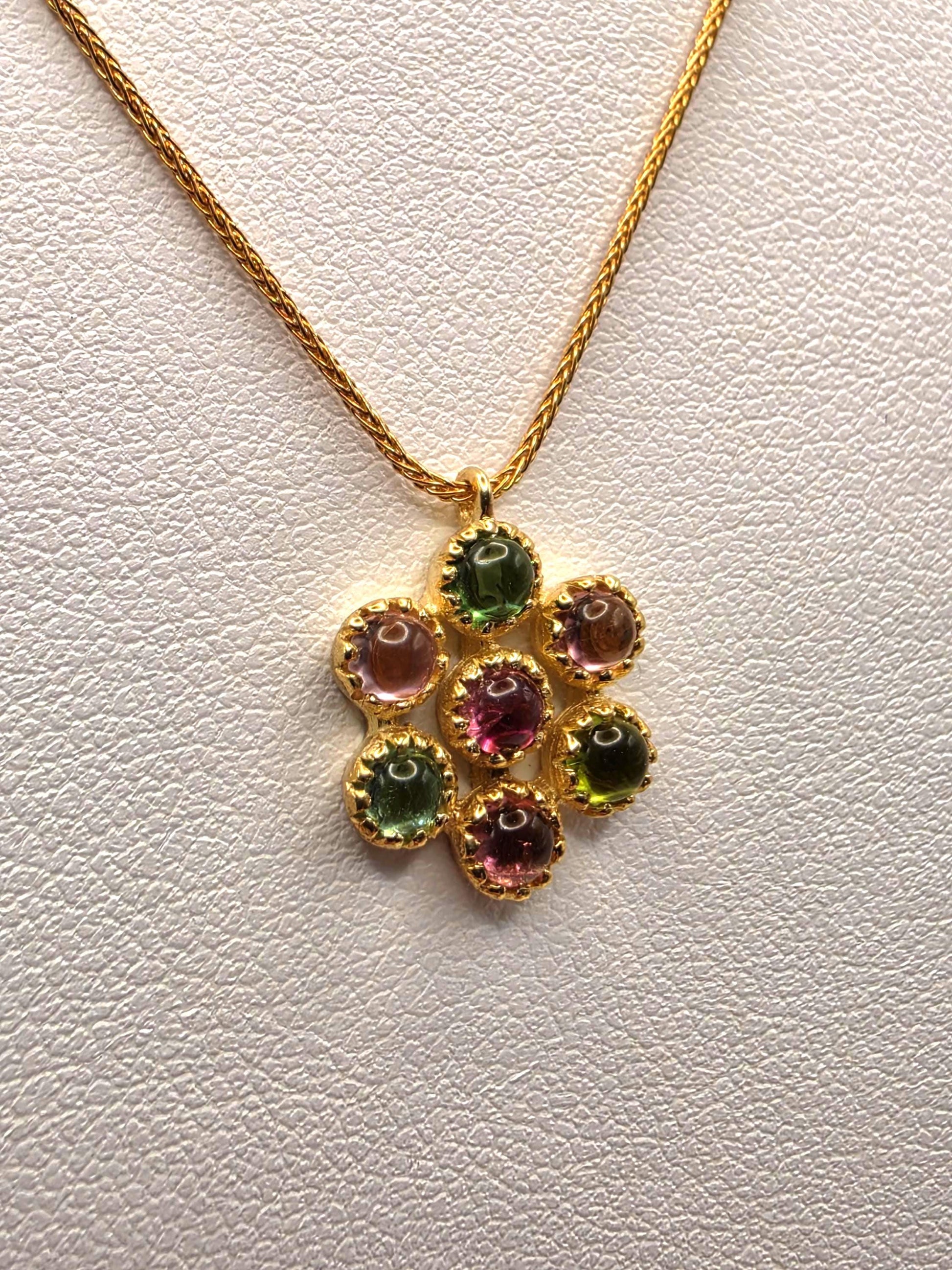 14K Yellow Gold Pink Green Tourmaline Flower Necklace Cabochon Gemstone Cluster Pendant Vintage Floral 18 Inch