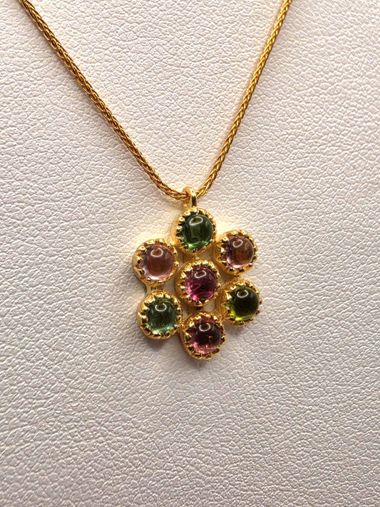 14K Yellow Gold Pink Green Tourmaline Flower Necklace Cabochon Gemstone Cluster Pendant Vintage Floral 18 Inch
