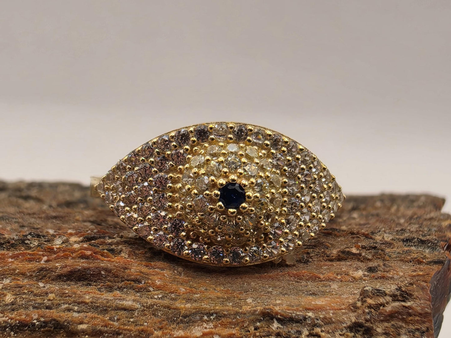 14K Yellow Gold CZ Pave Dome Ring | Blue Accent Cocktail Ring | Size 8 | Cubic Zirconia Statement Band | Gift for Her
