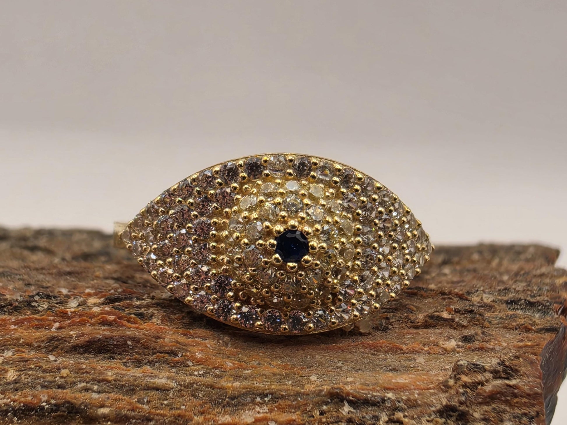 14K Yellow Gold CZ Pave Dome Ring | Blue Accent Cocktail Ring | Size 8 | Cubic Zirconia Statement Band | Gift for Her