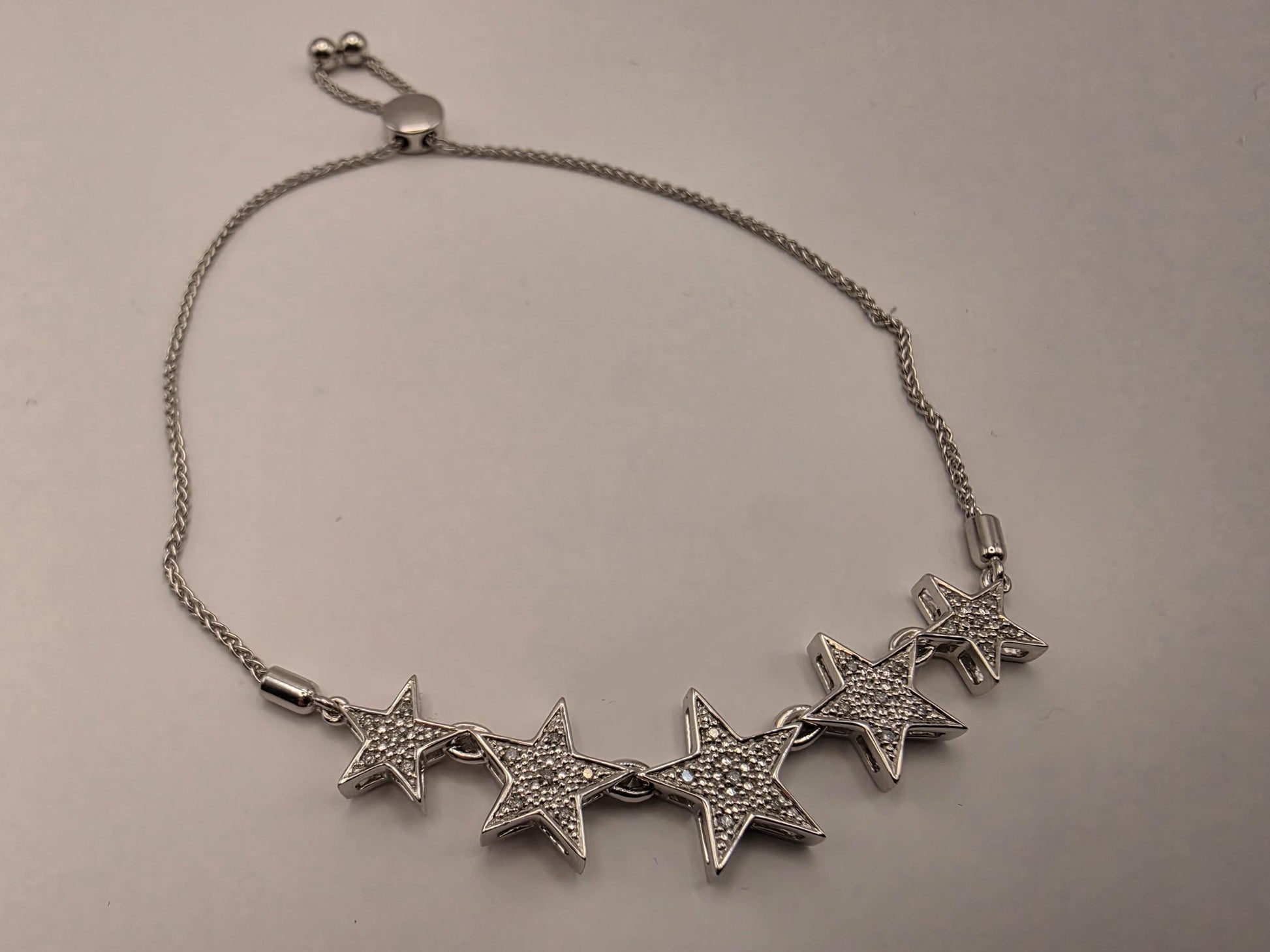 10K White Gold Diamond Star Bolo Bracelet | Adjustable Diamond Star Charm Bracelet | 0.10ctw | Celestial Gift for Her