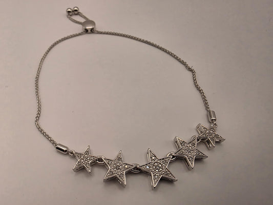 10K White Gold Diamond Star Bolo Bracelet | Adjustable Diamond Star Charm Bracelet | 0.10ctw | Celestial Gift for Her