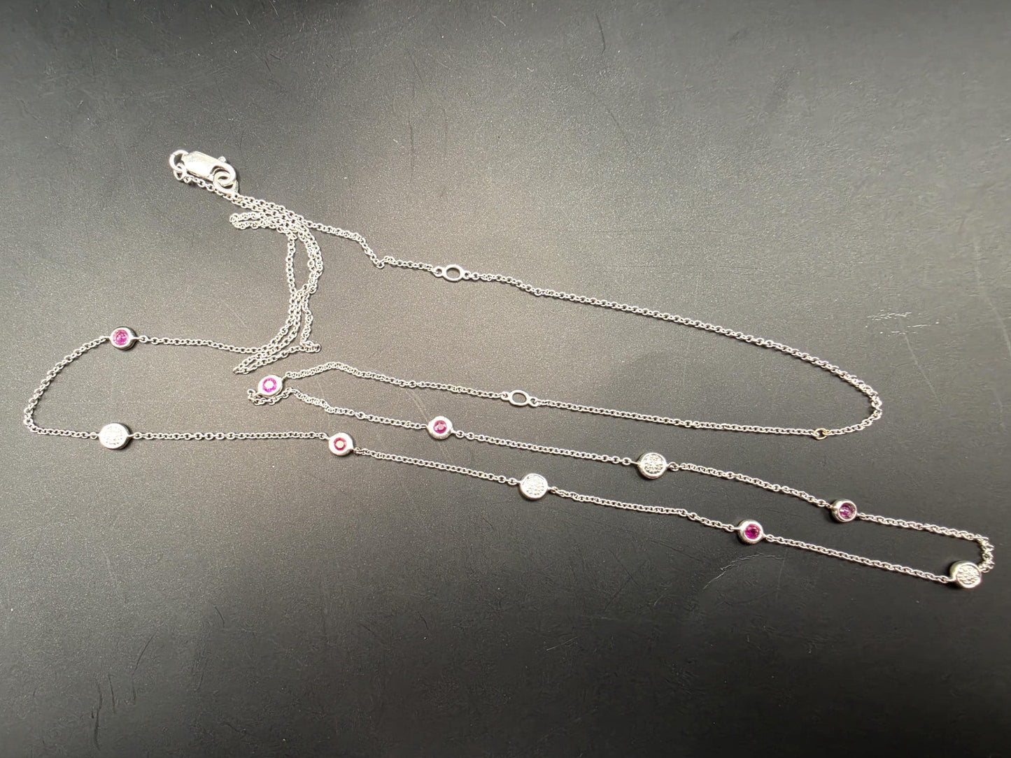 925 Sterling Silver Ruby and Diamond Station Necklace 35 Inch Genuine Ruby 0.10ct Diamond Bezel Set Long Layering Chain Womens Gift for Her