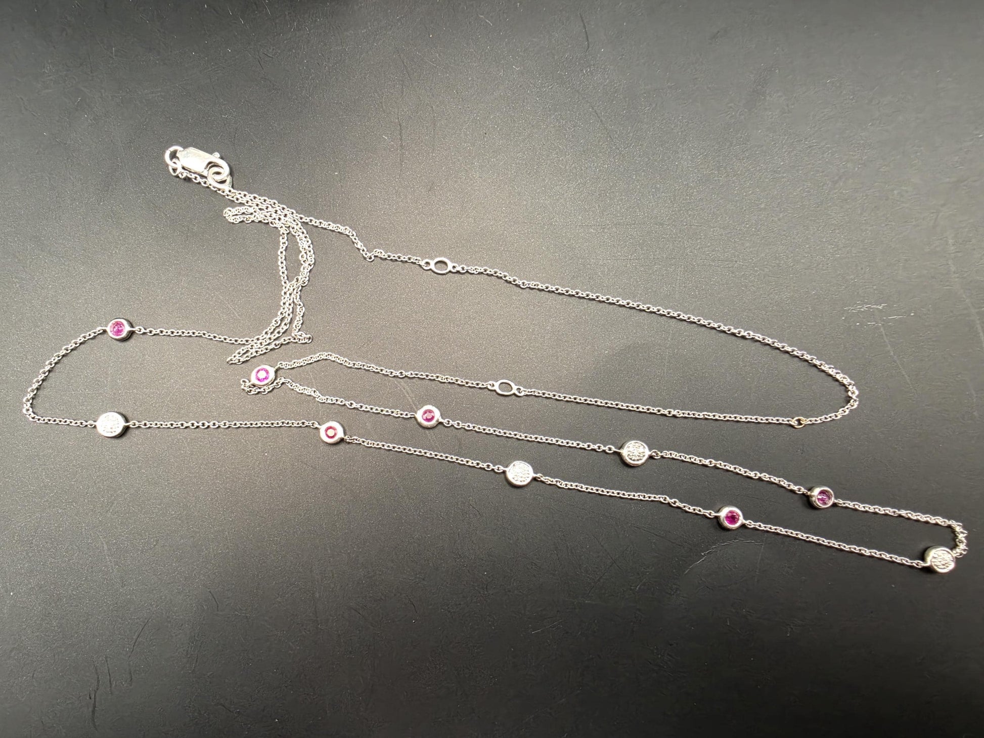 925 Sterling Silver Ruby and Diamond Station Necklace 35 Inch Genuine Ruby 0.10ct Diamond Bezel Set Long Layering Chain Womens Gift for Her