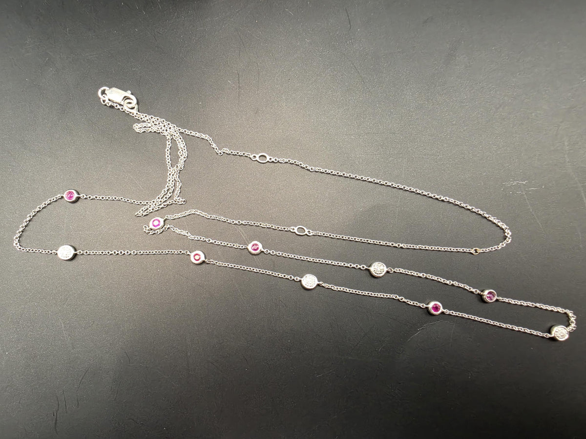 925 Sterling Silver Ruby and Diamond Station Necklace 35 Inch Genuine Ruby 0.10ct Diamond Bezel Set Long Layering Chain Womens Gift for Her