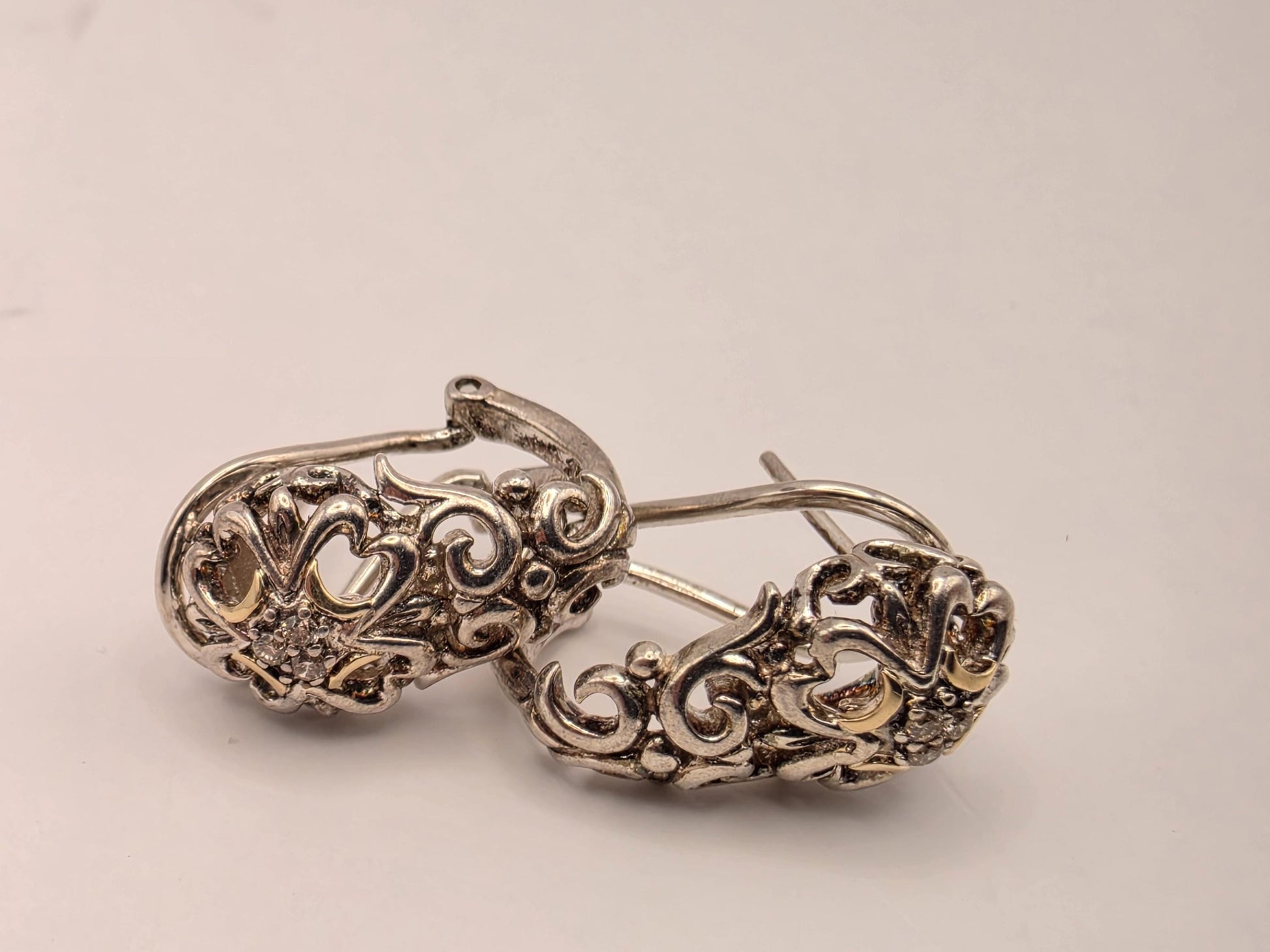 925 Sterling Silver 14k Gold Accent Earrings Balinese Scrollwork Drop Leverback Two Tone Filigree Womens Fine Jewelry Gift for Her