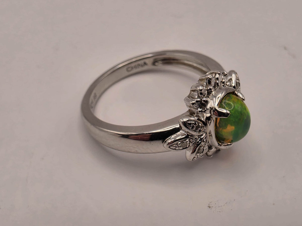 925 Sterling Silver Fire Opal Ring Genuine Diamond Accent Oval Opal Womens Cocktail Ring October Birthstone Fine Jewelry Gift for Her