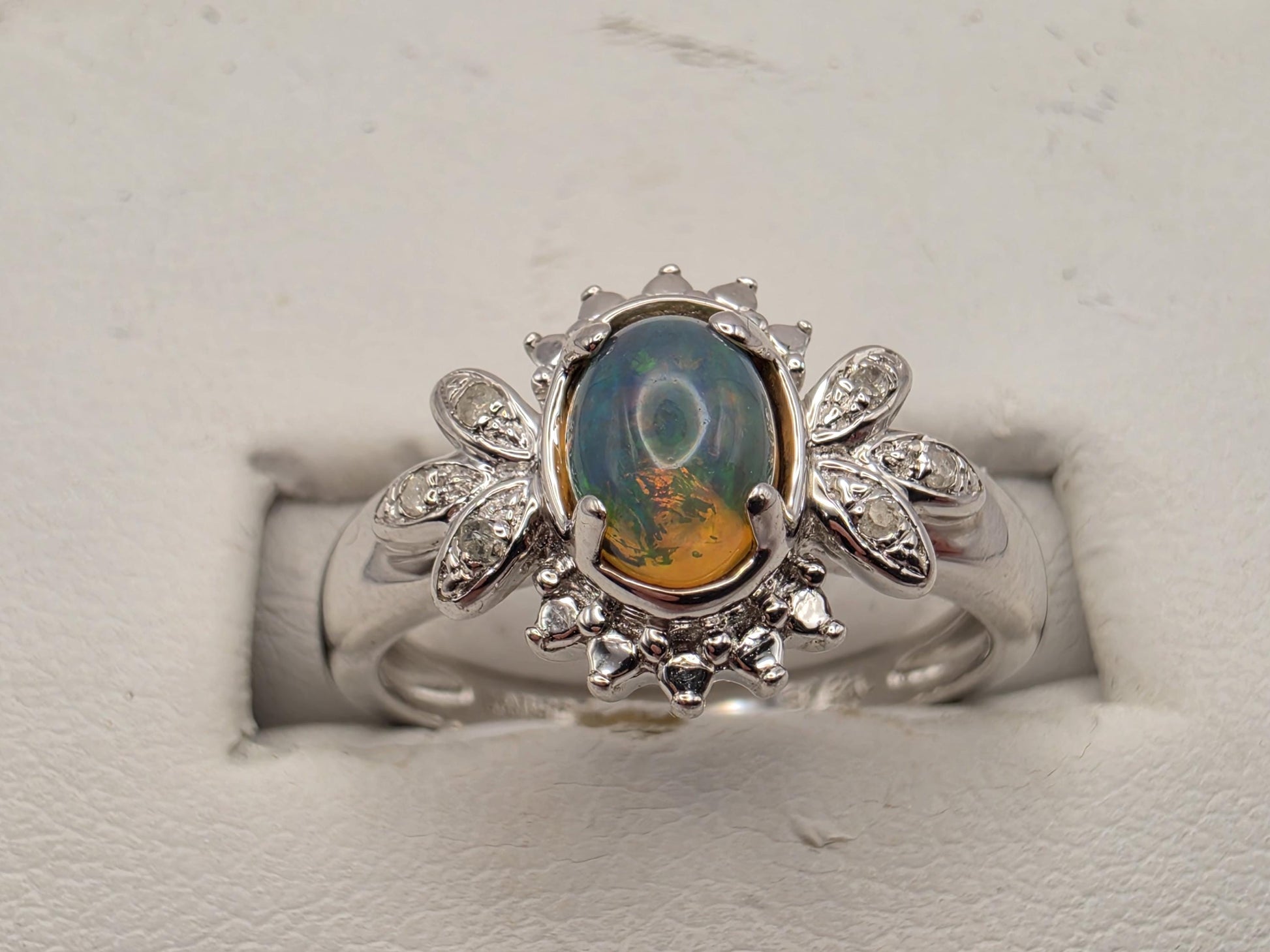 925 Sterling Silver Fire Opal Ring Genuine Diamond Accent Oval Opal Womens Cocktail Ring October Birthstone Fine Jewelry Gift for Her