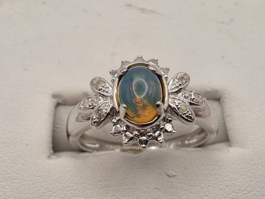 925 Sterling Silver Fire Opal Ring Genuine Diamond Accent Oval Opal Womens Cocktail Ring October Birthstone Fine Jewelry Gift for Her