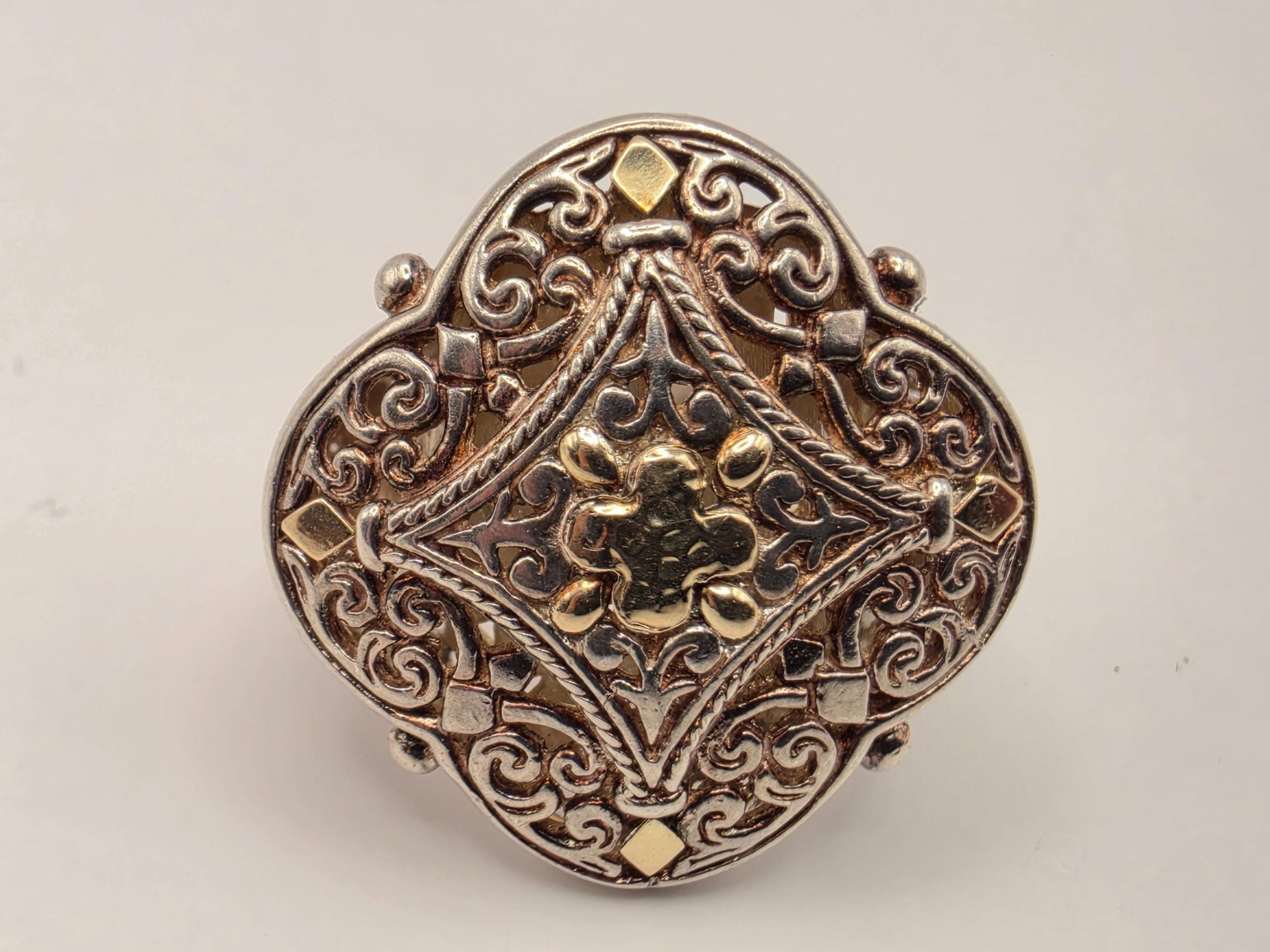 925 Sterling Silver 14k Gold Ring Balinese Scrollwork Two Tone Filigree Statement Womens Cocktail Ring Fine Jewelry Gift for Her