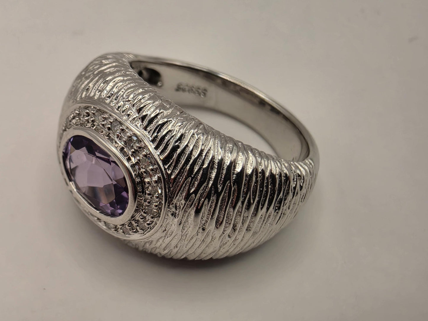 925 Sterling Silver Amethyst Ring Genuine Diamond Accent Purple Gemstone Textured Dome Womens Cocktail Ring February Birthstone Gift for Her