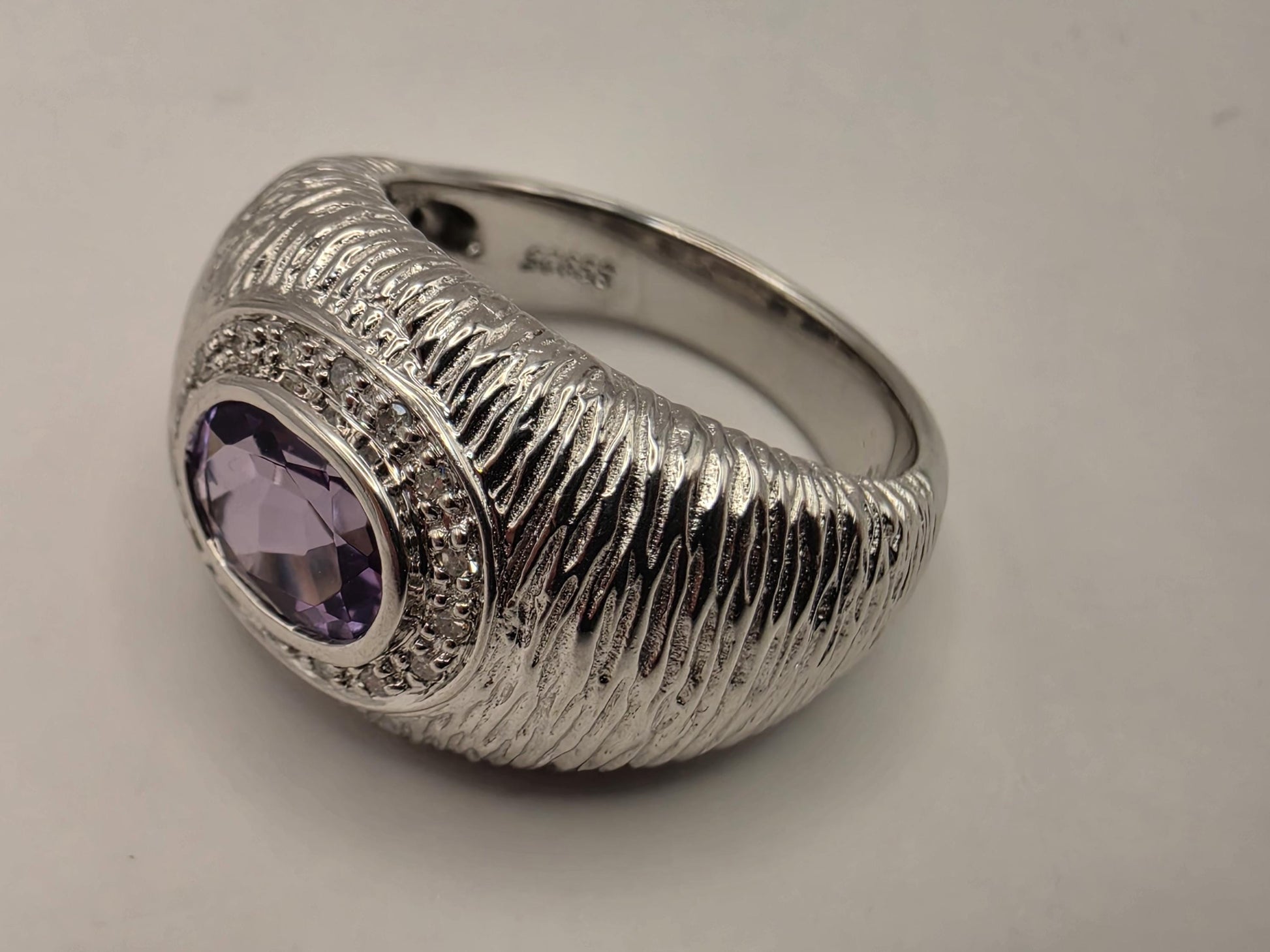 925 Sterling Silver Amethyst Ring Genuine Diamond Accent Purple Gemstone Textured Dome Womens Cocktail Ring February Birthstone Gift for Her