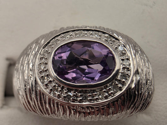 925 Sterling Silver Amethyst Ring Genuine Diamond Accent Purple Gemstone Textured Dome Womens Cocktail Ring February Birthstone Gift for Her
