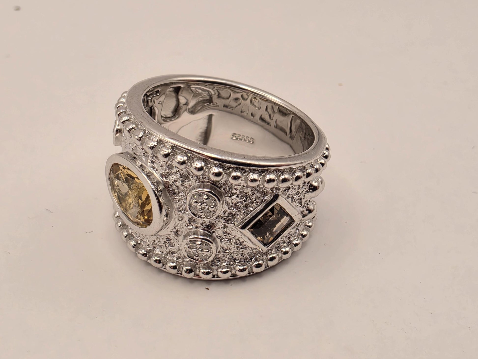 925 Sterling Silver Citrine Ring Genuine Diamond Yellow Gemstone Granulated Dome Womens Cocktail Ring November Birthstone Gift for Her