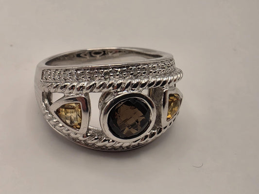 925 Sterling Silver Citrine Ring Genuine Diamond Accent Gemstone Wide Band Womens Cocktail Statement Ring Fine Jewelry Gift for Her