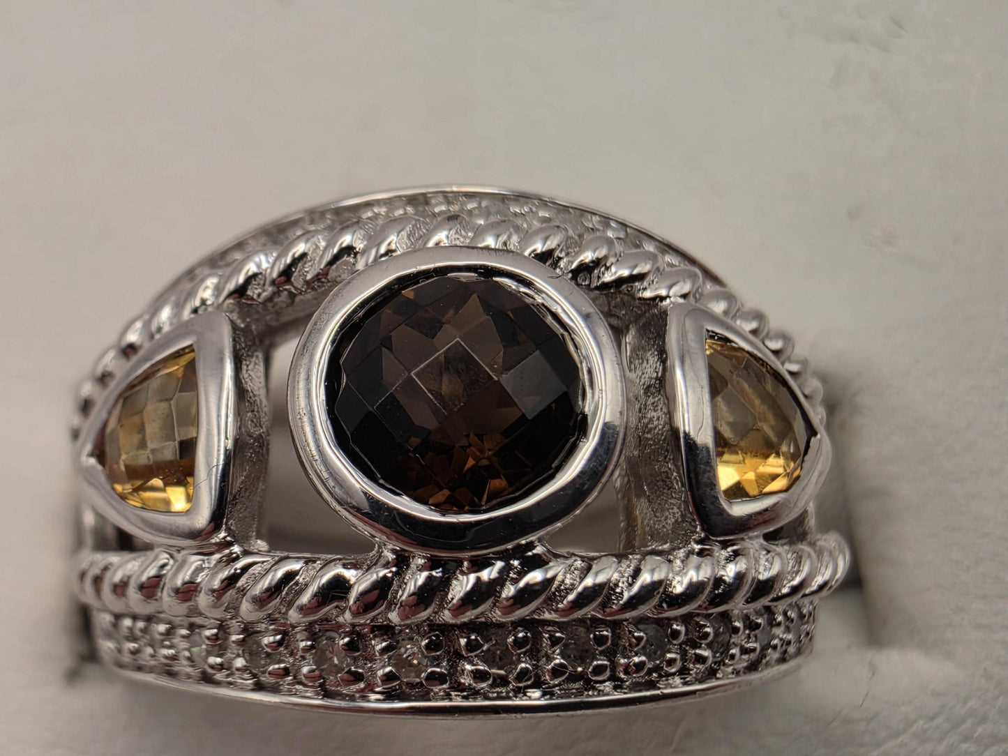 925 Sterling Silver Citrine Ring Genuine Diamond Accent Gemstone Wide Band Womens Cocktail Statement Ring Fine Jewelry Gift for Her