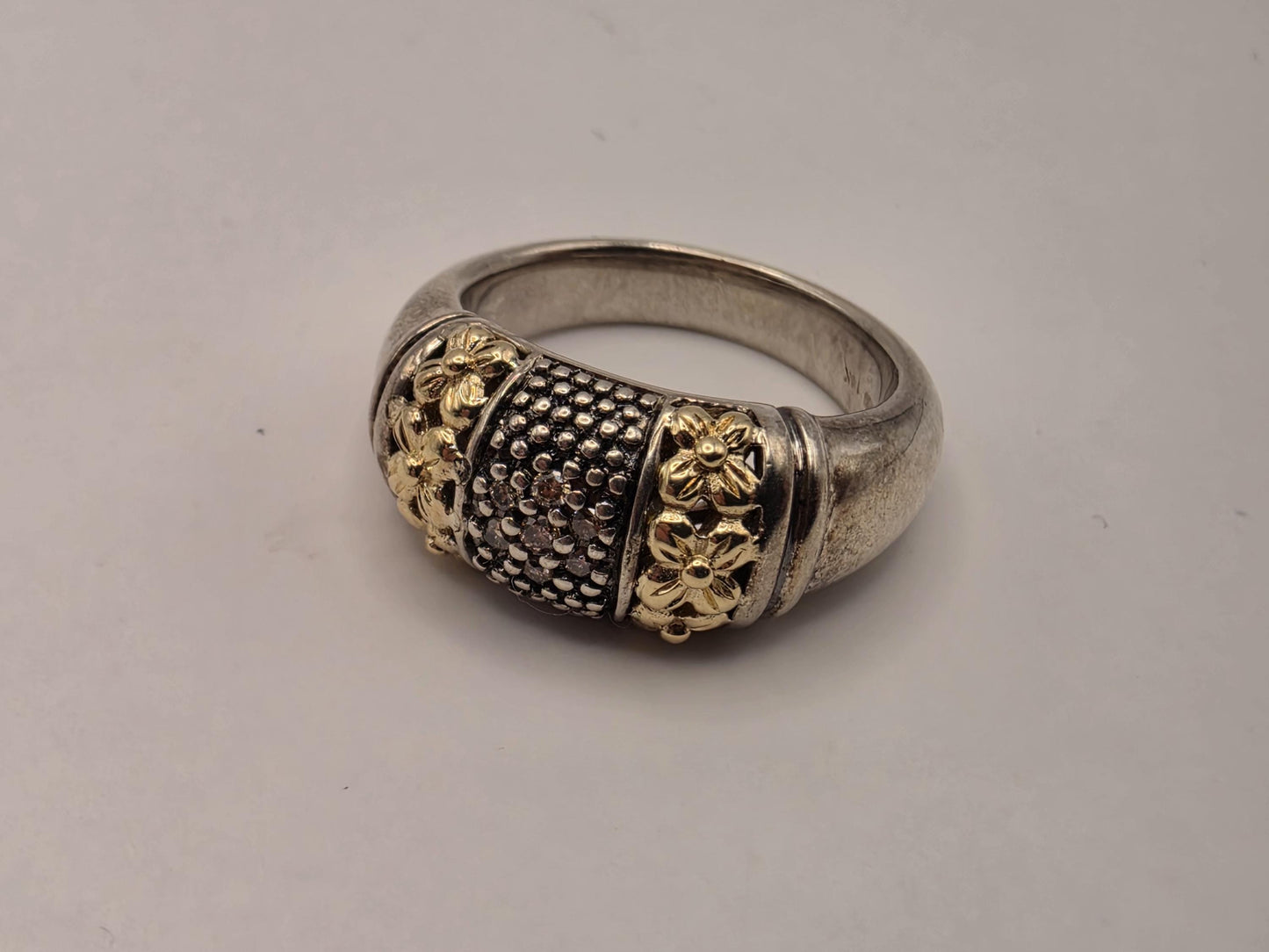 925 Sterling Silver 14k Gold Ring Floral Two Tone Pave Center Band Womens Statement Cocktail Ring Fine Jewelry Gift for Her