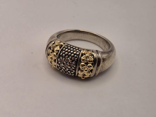 925 Sterling Silver 14k Gold Ring Floral Two Tone Pave Center Band Womens Statement Cocktail Ring Fine Jewelry Gift for Her